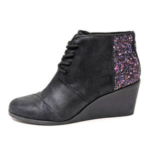 Toms Shoes Womens 8.5 Hyde Booties Ankle Wedge Lace Up Black Sequin Purple